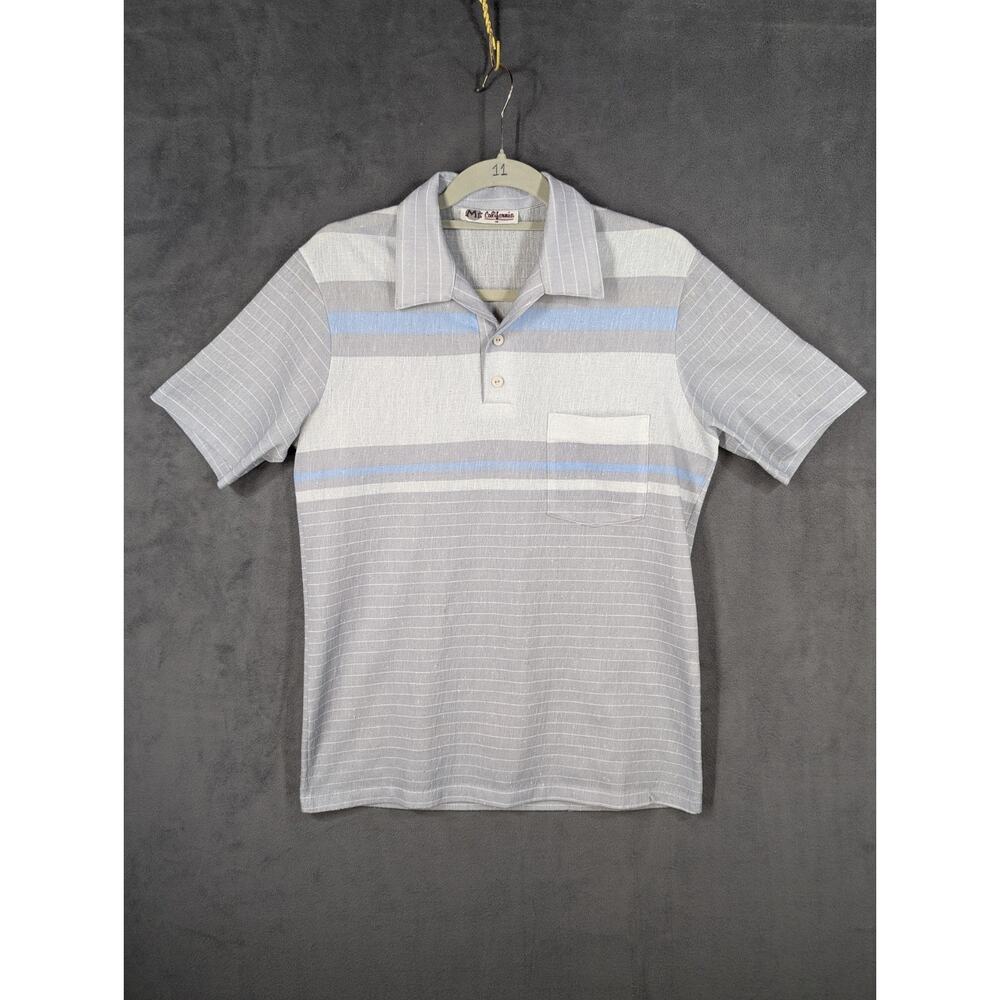 VTG Mr California Blue Gray Striped Knit Preppy 70s/80s Polo Shirt
